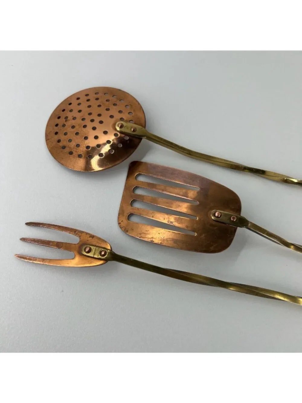 Vintage Copper Brass Kitchen Utensils Set of 3 Long Handle Spatula Fork Skimmer